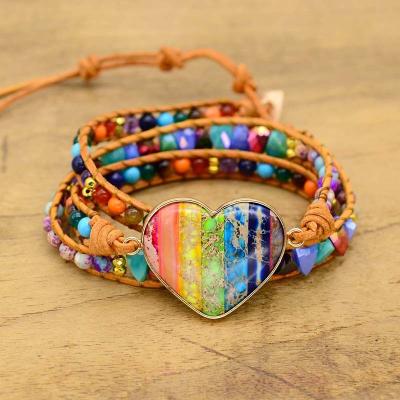 China High quality punk fashion gemstone wrap leather bracelet with colorful heart shape women bracelet pendant wholesales for sale