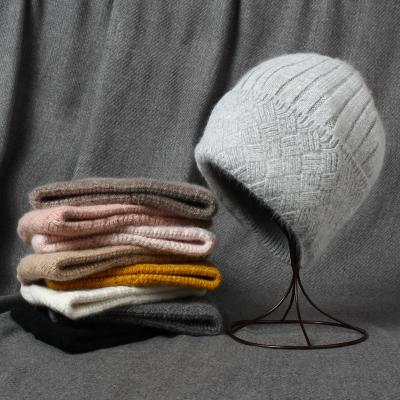 China New 9 COMMON Colorway Rabbit Cashmere Woman Winter Hat With Soft Beanies Stripe Winter Rabbit Fur Women Warm Hood For Winter for sale