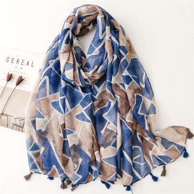 China Dobby Print Summer Scarf Colorful Blue Holiday Wraps Long Triangle Scarf With Tassel Casual Lady Spring Shawl Summer Hijab for sale