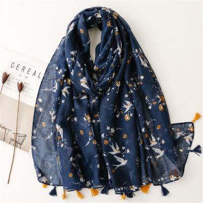 China Colorful Dobby Navy Bird Summer Scarves Women Print Long Wrap Vacation Scarf With Tassel Lady Casual Warm Spring Shawl Hijab for sale