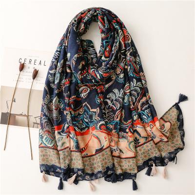 China Dobby Navy Paisleys Print Summer Colorful Scarves For Women Holiday Long Scarf With Tassel Lady Wrap Spring Gift Casual Shawl Hijab for sale