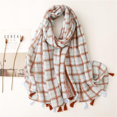 China Colorful Dobby Check Summer Scarves For Women Long Scarf With Tassel Lady Wholesales Bright Color Casual Summer Shawl Navy Wraps for sale