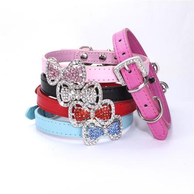 China 2022 Amazon New Fashion Viable Diamond Bow Tie Colorful PU Adjustable Dog Collar Durable Pet Dog Collar for sale