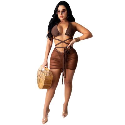 China New Arrivals Breathable Women Sexy 3 Piece Swimsuit Mesh Bikini Sets Ladies Bath Suit See Through Swimwear Cover Up Beachwear for sale