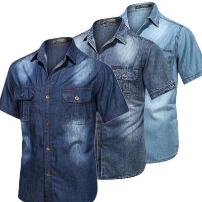 China Summer Anti-pilling Men's Casual Large Size Retro Thin Cotton Handsome Cargo Denim Shirts With Pocket for sale