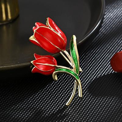 China Retro and modern New red tulip drip luxury copper plated brooch for sale