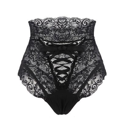 China Antibacterial Plus Size Women High Waist Lace Bandage Panties Hollow Out Transparent Panties for sale