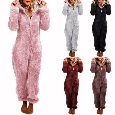 China Winter Warm Anti-pilling Women's Cute Color Long Sleeve Plus Size Household Pajamas Hooded Zipper Thick Plush Overalls For Women for sale