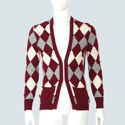 China Anti-Wrinkle 90% Wool 10% Cashmere Diamond Pattern V-Neck Mens Cropped Cardigan Sweaters for sale