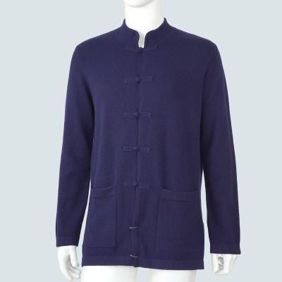 China Custom Chinese Cashmere Stand Suit Anti-wrinkle Long Collar Blue Tunic Sweater Cardigan for sale