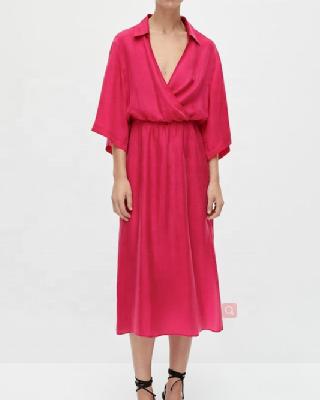 China Tong Rui Breathable S22 Cupro Breathable Breathable Flow With Exceptiontopnal Drop V-Neck Pink Silky Dress for sale