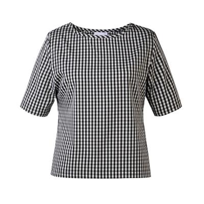 China Fashion Anti-Pilling Anti-Pilling Gingham Women's Blouses O-Neck Short Blouse Soft Binding Sleeve Tops for sale