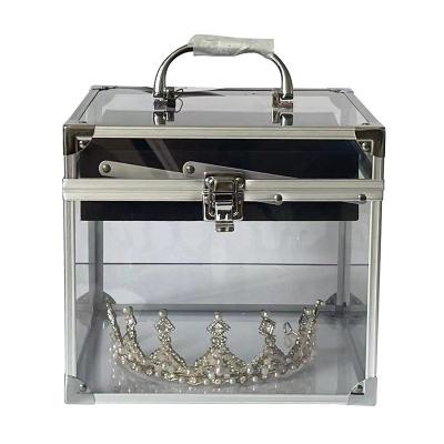 China Vintage Acrylic Travel Tiaras Case With 9 Inch Clear Lockable Crown Tiara Carrying Case Tiara Pageant Crown Boxes With Handle Sash Tray for sale