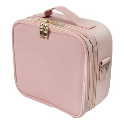 China With Divider Pink Mini Makeup Bag With Shoulder Strap Adjustable Mirror Traveling 3 Layers Professional Train Cosmetic Organizer Bag Makeup Case for sale