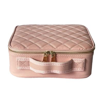 China With Adjustable Waterproof Beauty Box Small Divider Moving Make Up Organizer With Removable Dividers Pink PU Makeup Bag For Lady for sale