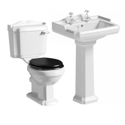 China Traditional britain wc toilet and pedestal washbasin with wooden seat for sale