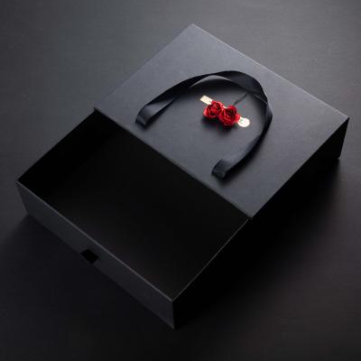 China Recycled Materials Custom Printed Drawer Paper Box Christmas Gift Packaging Luxury Black Birthday Sliding Drawer Box With Handle for sale