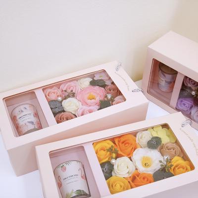 China Lasting Perfume Rose Soap Flower Gift Box Valentines Day Gift Soy Wax Sets Scented Candle Set Artificial Flowers Wedding for sale