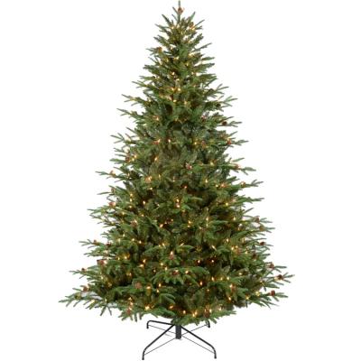 China Durable 7.5ft Premium Faux PE PVC Mixed Pre-Lit Warm Light Deep Leave Spruce Pine Cones Green Christmas Tree for sale