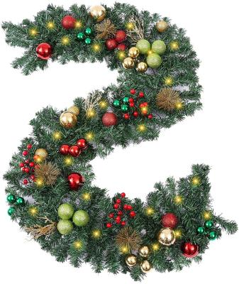 China Durable 6 Feet Pre-Lit Christmas Garland with Lights, Battery Operated Garland with Red Gold Green Ball Ornaments and Berries for sale