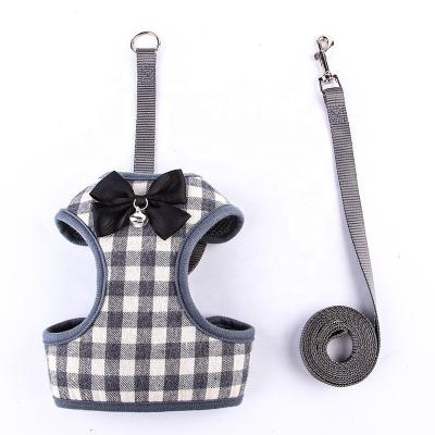 China New Luxury Padded Cotton Pet Bowknot Harness With Leash Cute Pet Plaid Padded Harness With A Bell Dog Clothes Puppy Vest for sale