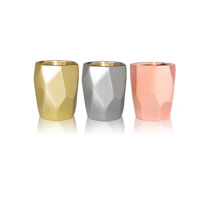 China Unique European Style Custom Luxury Glow Pink Cylinder Gold Plated Geometric Ceramic Votive Candle Holder Small For Home Decor Wedding for sale