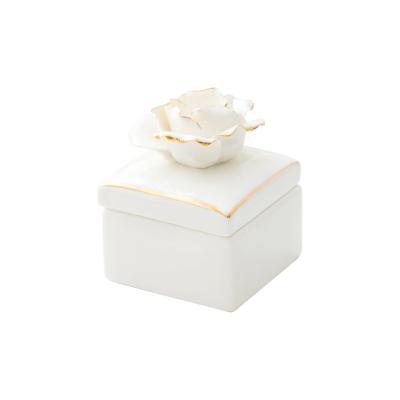 China Elegant Style White Ceramic Jewelry Ring Holder Trinket Jewel Box Case with Handmade Gild Edge Flower Ceramic Lid for Wedding Anniversary for sale