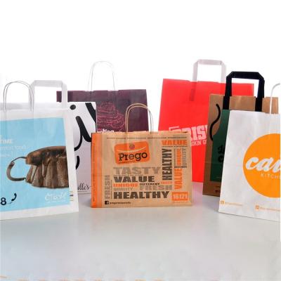 China Recyclable Custom Eco Friendly Biodegradable Flat Handles Bolsas De Papel Restaurant Packaging Brown Fast Food Kraft Paper Takeout Bag for sale