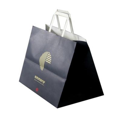 China Biodegradable Custom Design Your Own Logo Flat Handle Restaurant Delivery Take Out Packaging To Carry Brown Paper Kraft Takeout Food Bag for sale