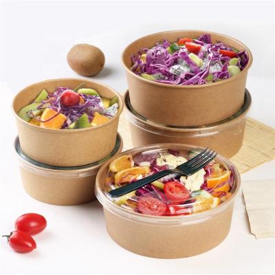 China Disposable Custom Printed Disposable Kraft Paper Take Out Salad Bowl With Plastic Lid for sale