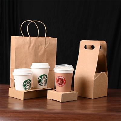 China Disposable Recycled Materials Take Away Brown Kraft Paper Cup Holder To Go Cup Carrier For Coffee Cup for sale