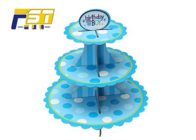 China Blue Round Cardboard Cake Display , Offset Printing Paper 3 Tier Cake Stand for sale