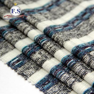 China 30.5 / 66.5 / 3 poly / Spandex handfeel blend soft blue rayon / striped white with roving rib fabric for sweater for sale