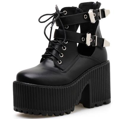 China Dropshipping Flat Pu Logo Custom Made Lady Fashionable Chunky Heels Footwear 9.5cm Bottom Metal Ankle Boots Punk Style Casual Shoes for sale