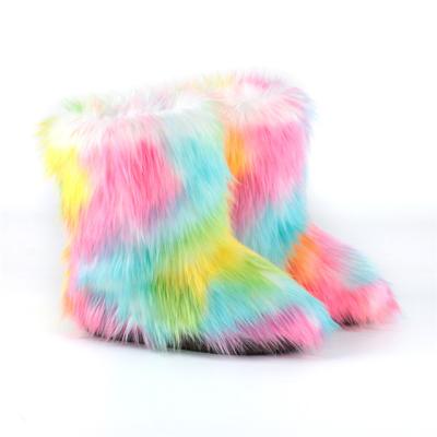 China Dropshipping Logo Rainbow Colors Winter Furry Flat Custom Snow Boots Plus Size Women Winter Shoes Warm Plush Casual Shoes for sale