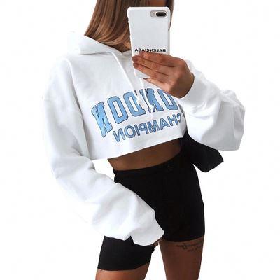 China Soft Women's Letter Print Sheath Long Casual Hooded Sweatshirts Slim Sweatshirt Short Crop Navel Top Hoodie For Women for sale