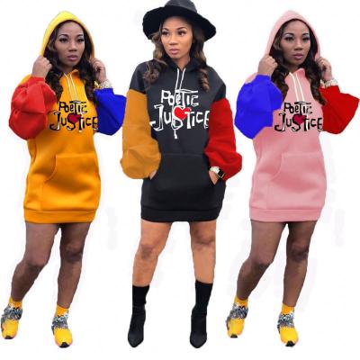 China 2021 Anti-Wrinkle Fashion Hoody Sweater Dress Women Clothing Letter Print Casual Sweatshirt Dress With Hoodie Sweater Puff Sleeve Sweatshirt for sale