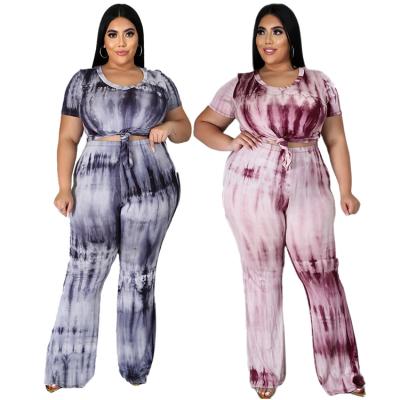 China European and American plus size plus size women tie dye printed round neck short sleeve ladies casual suit for sale