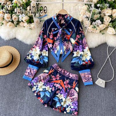 China 2021Fashion Washable Two Piece Set Women's Chic Suit Printed Long Sleeve Blouse Tops And High Waist Shorts Female Office Suit Outfits for sale