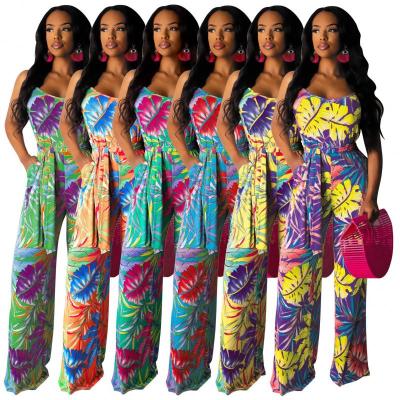 China 2021 Summer Women's One-Piece Romper Overalls Anti-Static Print V-Neck Suspender Wide Leg Sleeveless Pants for sale