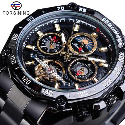 China Auto-wind Date Moonphase Skeleton Men's Watches Classic Color Forsining Luminous Hands Tourbillon Mechanical Cavity Steel Belts Automatic Watch for sale