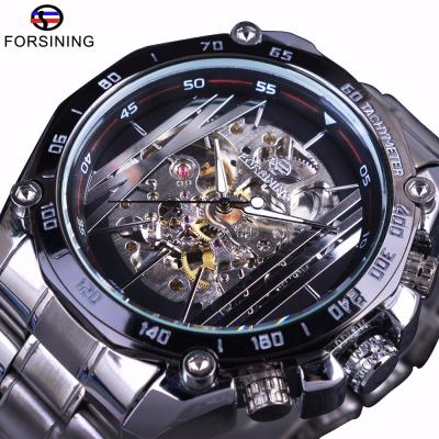 China Top Brand Forsining Sport Military Design Stainless Steel Day/Date Luxury Skeleton Automatic Transparent Silver Mens Mechanical Watches for sale