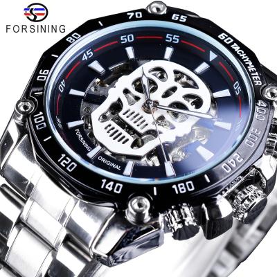 China Luxury Stainless Steel Forsining Day/Date Mens Skull Design Silver Luminous Automatic Watches Top Brand Mechanical Skeleton Wristwatches for sale