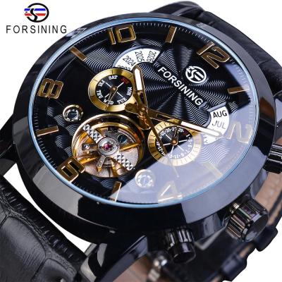 China Forsining Tourbillon Fashion Wave Black Gold Clock Multi Function Day/Date Show Top Brand Luxury Mens Automatic Mechanical Watches for sale