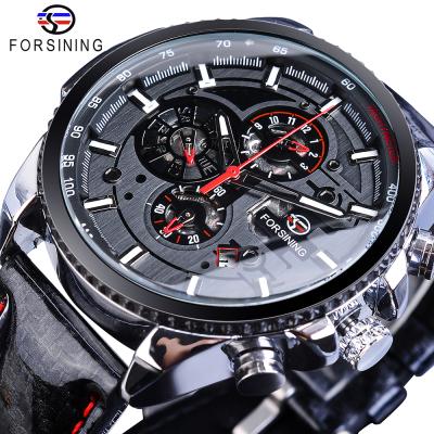 China Day/Date Forsining Watch Men Sport Mechanical Auto Date 3 Dials Clock Self-wind Waterproof Wristwatch Shiny Leather Business Relogio for sale