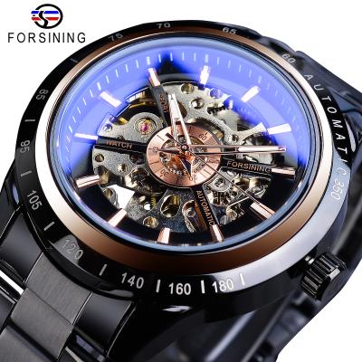 China Forsining Brand Steampunk Watch Automatic Men's Casual Mechanical Transparent Skeleton Day/Date Watches Black Steel Band Clock Dropshipping for sale