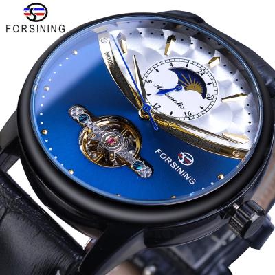 China Moonphase Automatic Black Mens Tourbillon Forsining Tourbillon Watch Royal Blue Genuine Leather Belts Mechanical Watches Otomatik Erkek Saat for sale