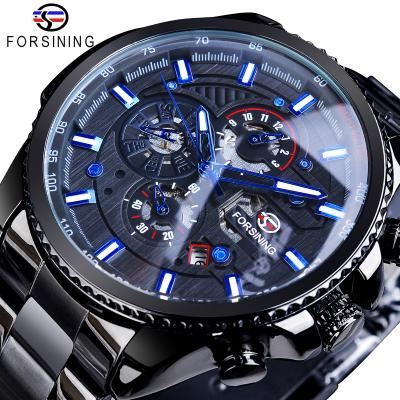 China Black Automatic Day/Date Forsining Self Military Wind Mens Wristwatches Waterproof 3 Dials Luminous Mens Mechanical Watch Calendar Clock for sale