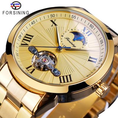 China Tourbillon Forsining Men's Mechanical Wristwatch Gold Dial Automatic 3D Steel Watches Moonphase Full Big Synchronize Relogio Masculino for sale