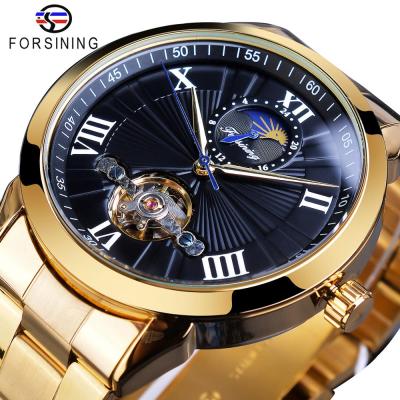 China Top Brand Luxury Black Dial Mens Tourbillon Forsining Phase Mens Stainless Steel Design Moon Automatic Mechanical Wristwatches for sale